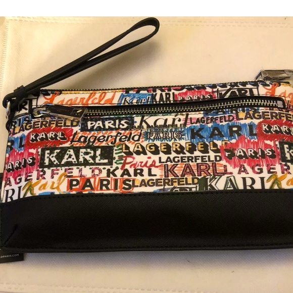 Karl Lagerfeld Faux Leather White,Black & Rainbow Scribble Wristlet NWT - Picture 2 of 10